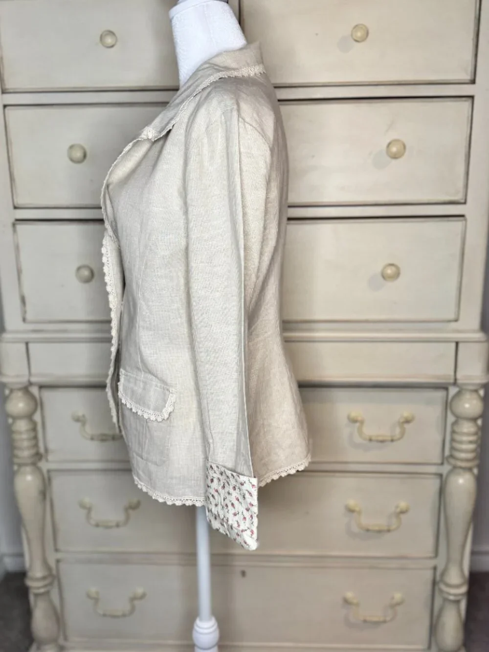 Anthropologie (Nick & Mo) Beige Linen Blend Crochet Trim Blazer - M NWT - Picture 6 of 16